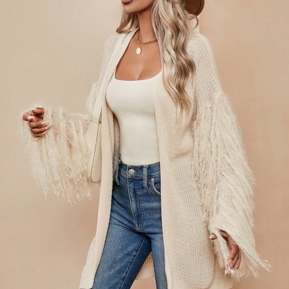 Apricot Casual Womens Fringe Trim Drop Shoulder Open Front Cardigan - Picture 3 of 5